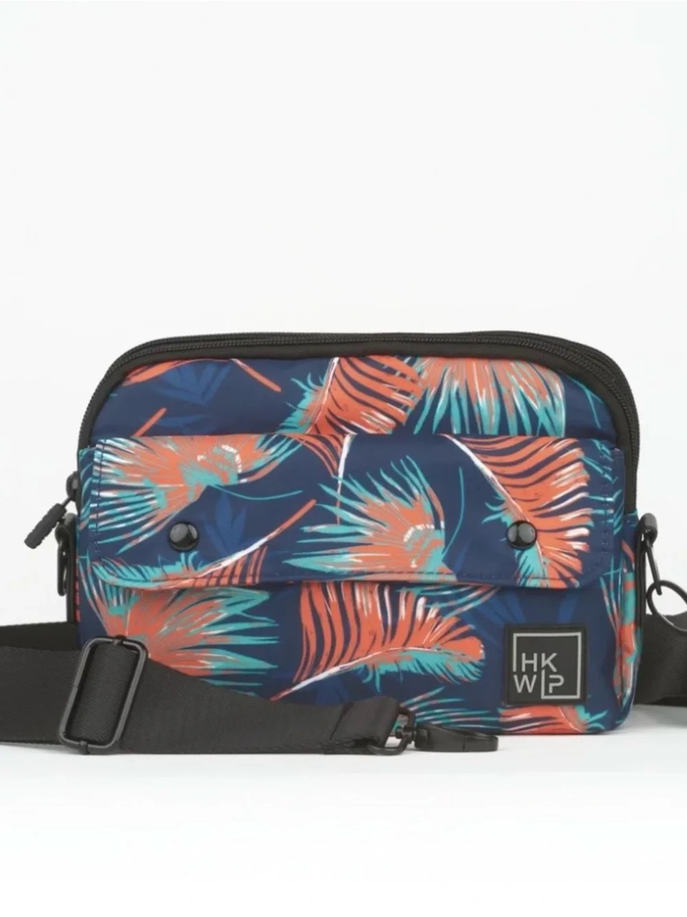 HKWP Navy Crossbody Bag with Coral & Teal Tropical Print